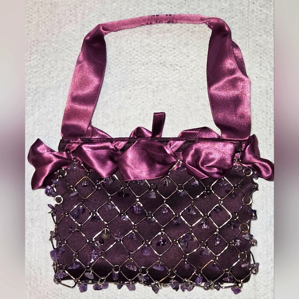 Amethyst Beaded Elegant Purple Satin Wristlet